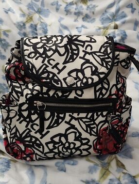 Coach Poppy Backpack White Floral Graphic with Black and Pink Accents
